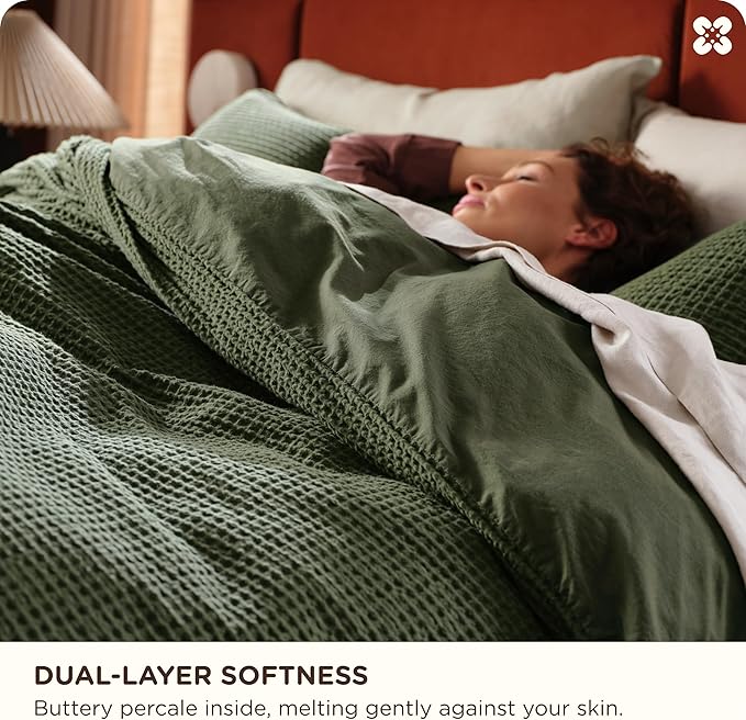 Bedsure Cotton Duvet Cover Set - 100% Cotton Waffle Weave Olive Green Duvet Cover California King Size, GentleSoft™ and Breathable Cal King Bedding Set for All Season, 3 Pieces, 104"x98"