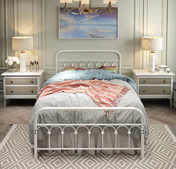 TUSEER Metal Bed Frame Full Size with Vintage Headboard and Footboard Platform Base Wrought Iron Bed Frame (Full, White)