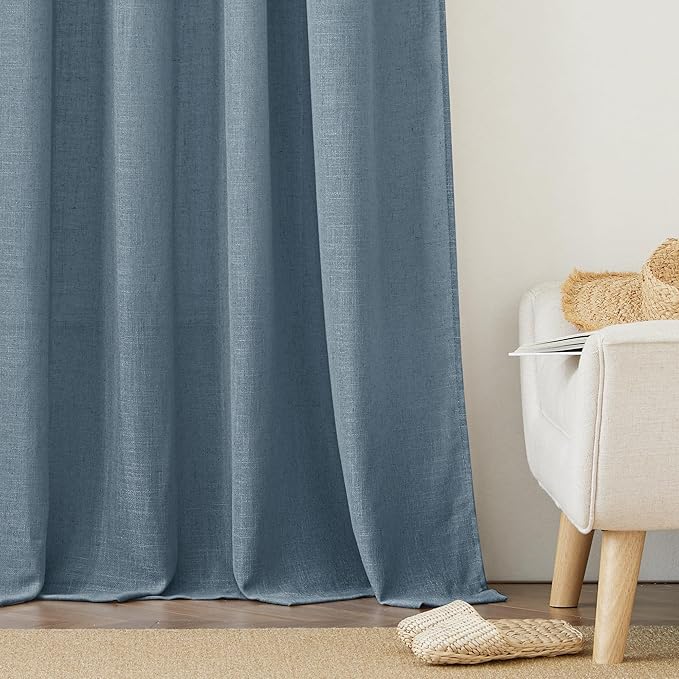 RYB HOME Linen Blended Curtains - Semi Sheer Natural Light Filtering Half Privacy Boho Rustic Style Drapes for Kitchen Sliding Door Large Window, W 60 x L 108 inches, Stone Blue, 1 Panel