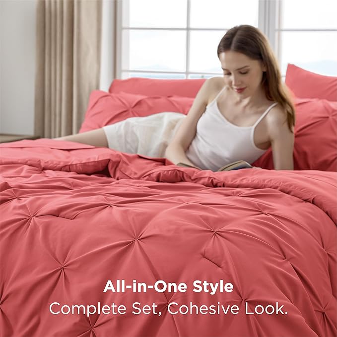 Bedsure Queen Comforter Set Coral Red - Bed in a Bag Queen Size Bedding 7 Pieces, GentleSoft™ Pintuck Bed Set Gift for Family, Pinch Pleat All Season Comforter with Sheets, Pillowcases & Shams