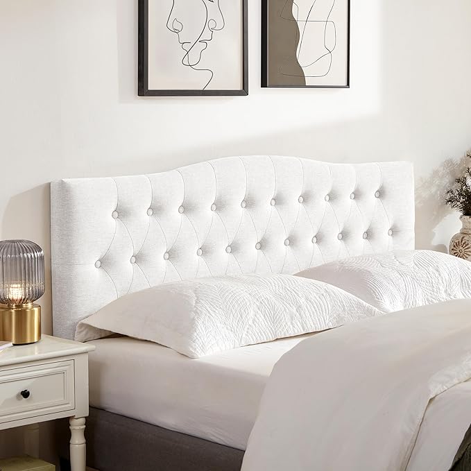 Tufted Upholstered Headboard Queen Size, Sturdy & Durable Solid Wood Bed headboard, Fabric Headboard Adjustable Height from 37” to 51”, Modern Button Diamond Design Head Board, White