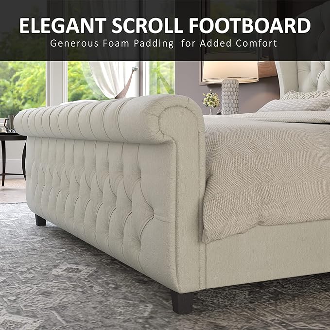 AMERLIFE Queen Size Platform Bed Frame, Chenille Upholstered Sleigh Bed with Scroll Wingback Headboard & Footboard/Button Tufted/No Box Spring Required/Cream