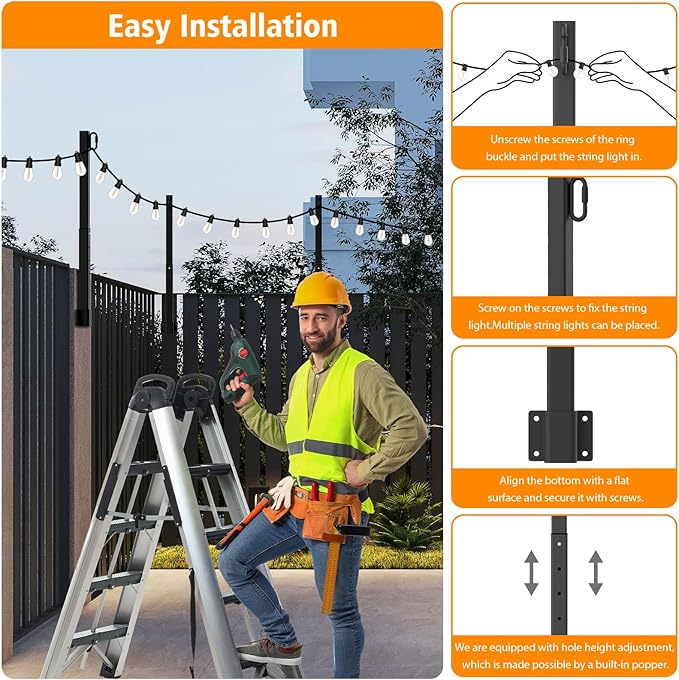 10 Pack 2.8Ft Suspension Outdoor String Light Poles for Outside String Lights Hanging,with Clip and Holder,Light Post Mounting Stand for Patio Fence Wall Garden Backyard Deck