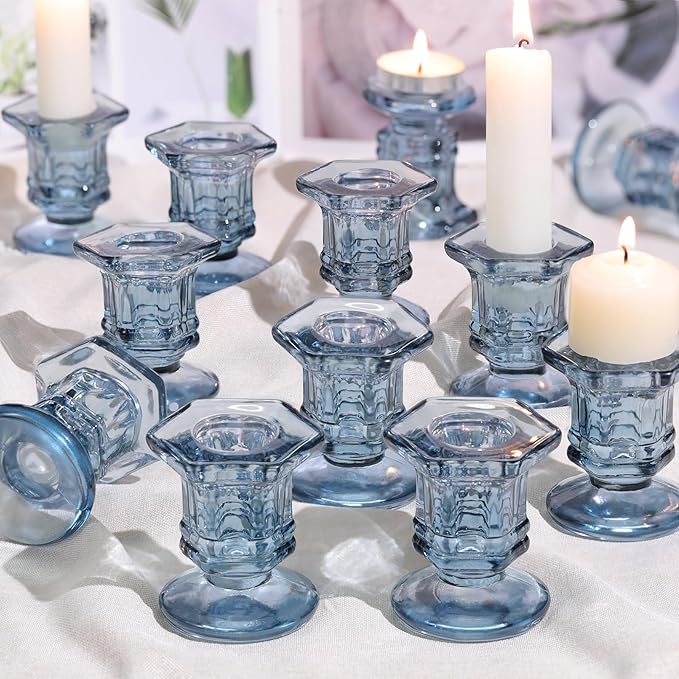 Blue Candlestick Holders Bulk, 12 Pcs Glass Candle Holders Set,Crystal Taper Candle Holder for Wedding, Table Centerpiece, Home Decoration