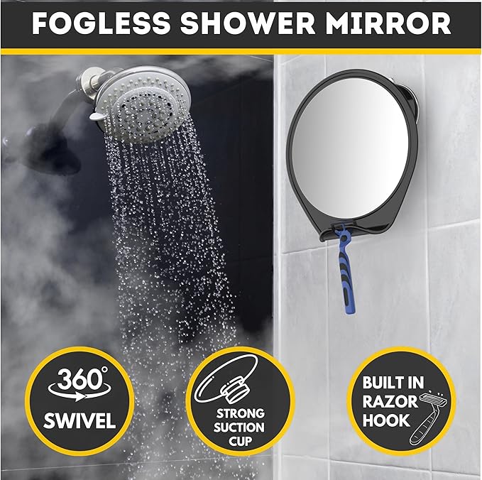 HONEYBULL Fogless Shower Mirror with Suction Mount & Swivel – Anti-Fog Acrylic Bathroom Mirror for Shaving – Built-in Razor Holder, Easy Install, Home Shower Accessory (Black)