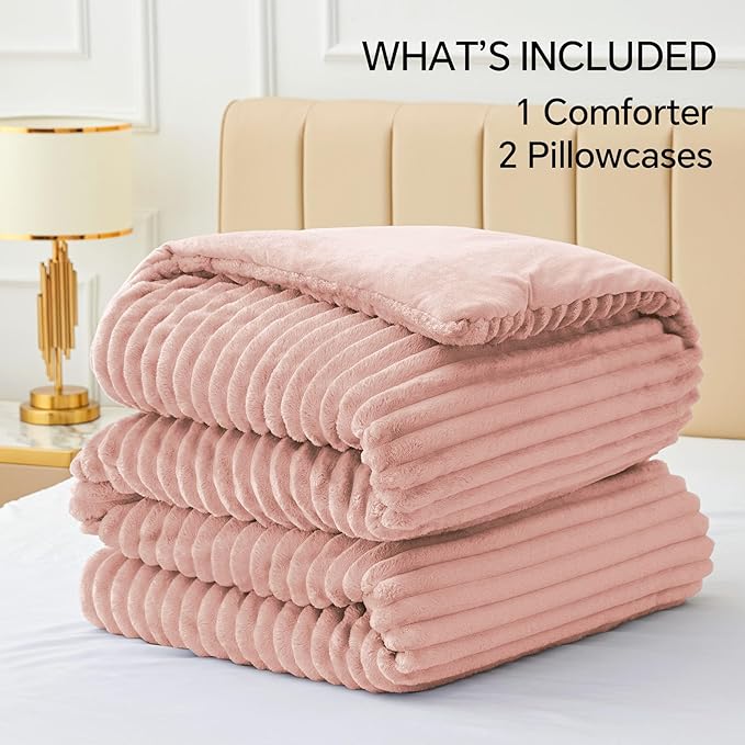 BEDELITE Fleece King Comforter Set -Super Soft & Warm Fluffy Dusty Pink Bedding, Luxury Fuzzy Heavy Bed Set for Winter with 2 Pillow Cases