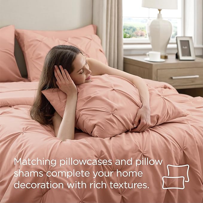 Bedsure Twin Comforter Set Dusty Pink - Bed in a Bag Twin Size Bedding 5 Pieces, GentleSoft™ Pintuck Bed Set Gift for Family, Pinch Pleat Dusty Pink Comforter with Sheets, Pillowcase & Sham