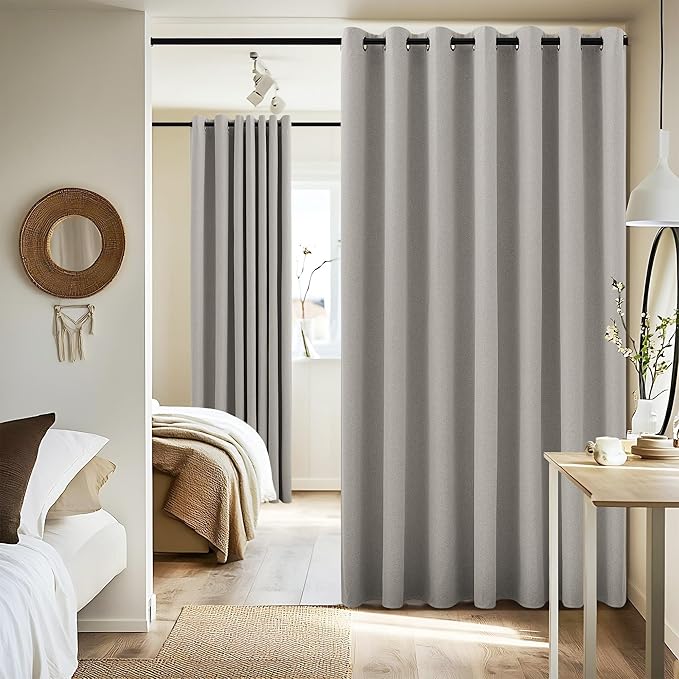 NICETOWN Extra Wide 100% Blackout Linen Curtain Panel, Light Grey, 100 inch per Panel, Energy Smart Divider Room Drape Thermal Insulated Drape for Shift Worker, Bedroom