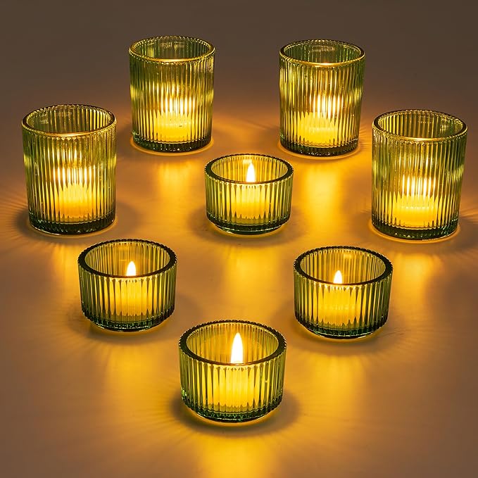 Glass Votive Tealight Candle Holder: Glasseam Small Green Tea Light Holders Set of 8 Decorative Ribbed Tea Lights Holder for Table Centerpiece Wedding Christmas Dining Room Decor