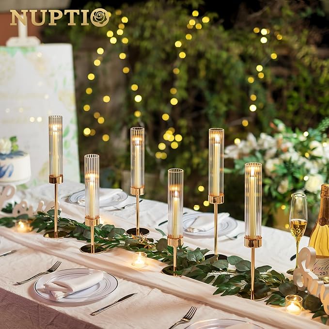 NUPTIO Tall Candlestick Holders for Centerpiece: Hurricane Candle Stick Holders with Ribbed Glass Sleeve - Gold Metal Candleholder Set of 3 for Table Fireplace Living Room Decor