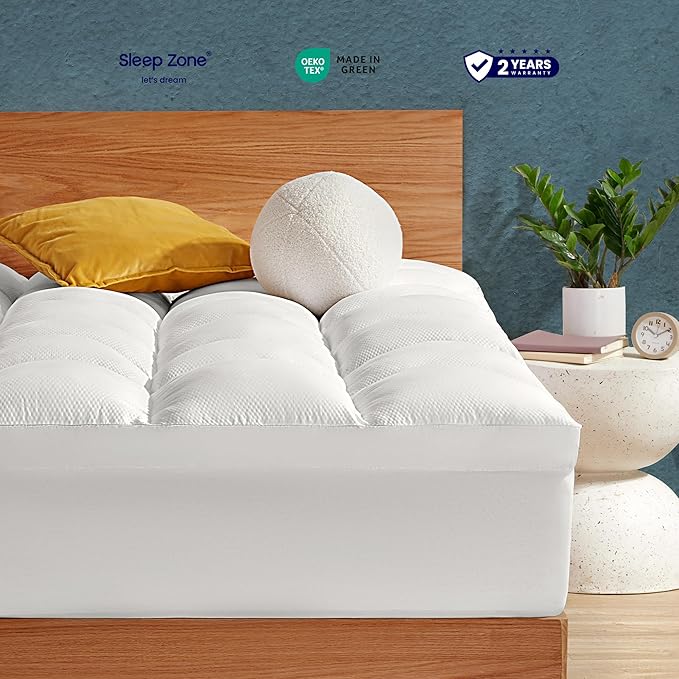 SLEEP ZONE Mattress Topper Queen Size, Extra Thick Fitted Mattress Pad for Back Pain, Plush and Support Mattress Cover, Deep Pockets Mattress Protector, Hotel Quality (White, Queen)