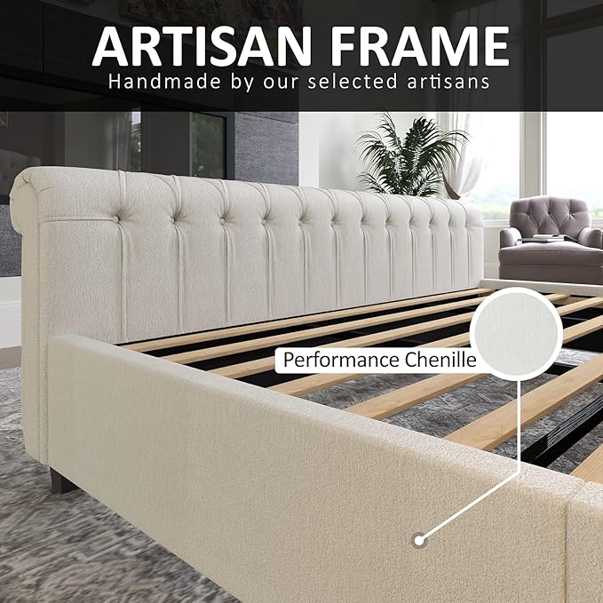 AMERLIFE King Size Platform Bed Frame, Chenille Upholstered Sleigh Bed with Scroll Wingback Headboard & Footboard/Button Tufted/No Box Spring Required/Cream