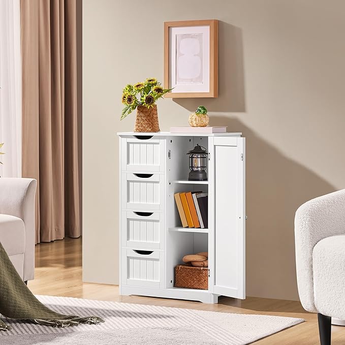 Yaheetech Wooden Floor Cabinet, Side Storage Organizer with 4 Drawers and 1 Cupboard, Freestanding Entryway Storage Unit Console Table, Bathroom Furniture Home Decor, White