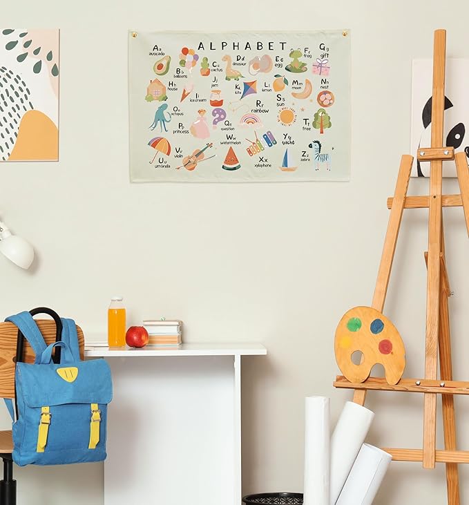 Alphabet ABCD Nursery Rectangular Canvas Banner-Boho Flag Wall Art for Boy Girl Kids,Above Crib Nursery Kindergarten Reading Room Playroom Decor-Baby Growth Stuff-Baby Shower Birthday Christmas Gift