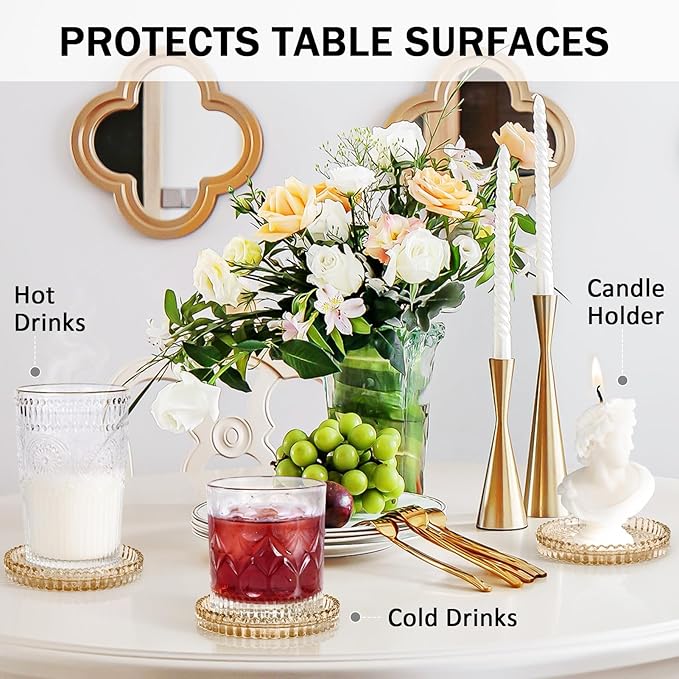 Glass Candle Holders, GOH DODD Set of 8 Crystal Pillar Plates Modern Coasters for Drinks, Centerpiece, Home Decor, Kitchen, Living Room, Patio, Wedding, Halloween, Christmas, Party, Amber