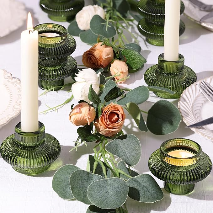 Green Taper Glass Candlestick Holders Tealight Candle Holders for Table Centerpieces, Wedding Decor and Dinner Party (8 Pcs, Green)