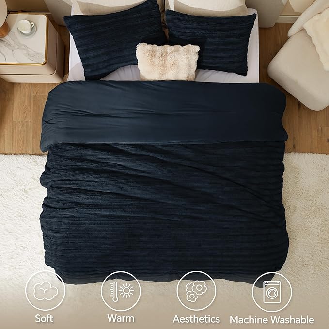 BEDELITE Fleece Queen Comforter Set -Super Soft & Warm Fluffy Navy Faux Fur Bedding, Luxury Fuzzy Heavy Bed Set for Winter with 2 Pillow Cases