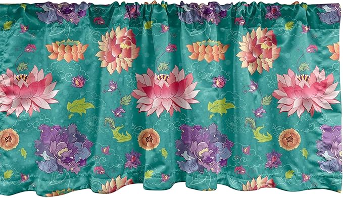 Ambesonne Floral Window Valance, Pattern with Lotus Flowers Peonies and Chrysanthemums Oriental Motifs Garden Art, Curtain Valance for Kitchen Bedroom Decor with Rod Pocket, 42" x 12", Teal