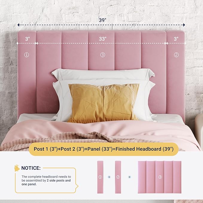 Allewie Twin Bed Frame/Velvet Upholstered Bed Frame with Vertical Channel Tufted Headboard/Strong Wooden Slats/Platform Bed Frame/Mattress Foundation/Box Spring Optional/Easy Assembly/Pink