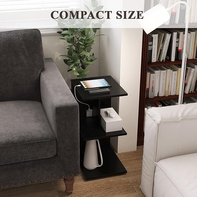 ZGREN End Table with Charging Station, Narrow Side Tables for Small Spaces USB Ports and Outlets Rolling Bedside Nightstand Sofa Couch Slim Shelf Night Stand Living Room, Bedroom, Black