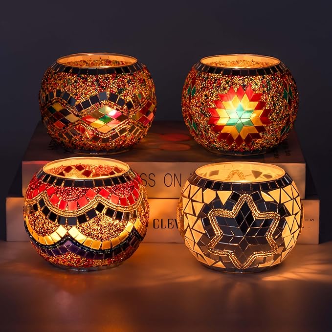 Rancco Handmade Mosaic Glass Tealight Candle Holder Set - 4 Pack with 10.5 oz Long-Lasting Soy Wax Scented Candles - Perfect Aromatherapy Gifts for Women, Moms, Birthdays, Spa Days, and Christmas