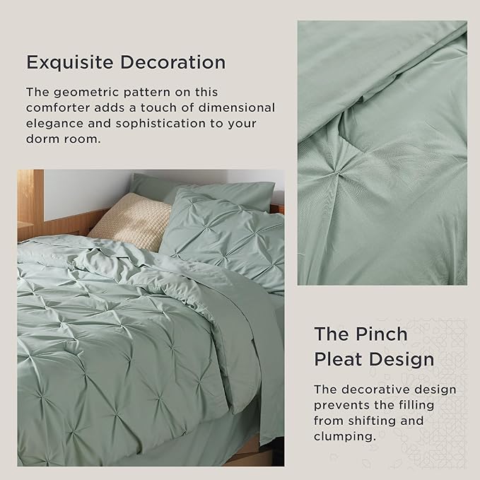 Bedsure Twin XL Comforter Set - Extra Long 5 Pieces Dorm Bedding Sets, GentleSoft™ Pinch Pleat Sage Green Bed in a Bag with Pintuck Comforter, Sheets, Pillowcase & Sham