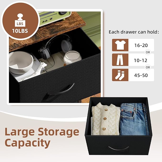Somdot Tall Dresser for Bedroom with 5 Drawers, Storage Organizer Chest of Drawers with Removable Fabric Bins for Closet Bedside Living Room Laundry Entryway Hallway, Black Rustic Brown