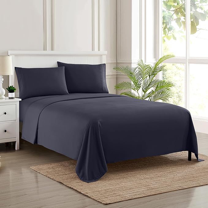 Queen Size Bed Sheets - Breathable Luxury Sheets with Full Elastic & Secure Corner Straps Built In - 1800 Supreme Collection Extra Soft Deep Pocket Bedding, Sheet Set, EXTRA DEEP pocket - Queen, Navy