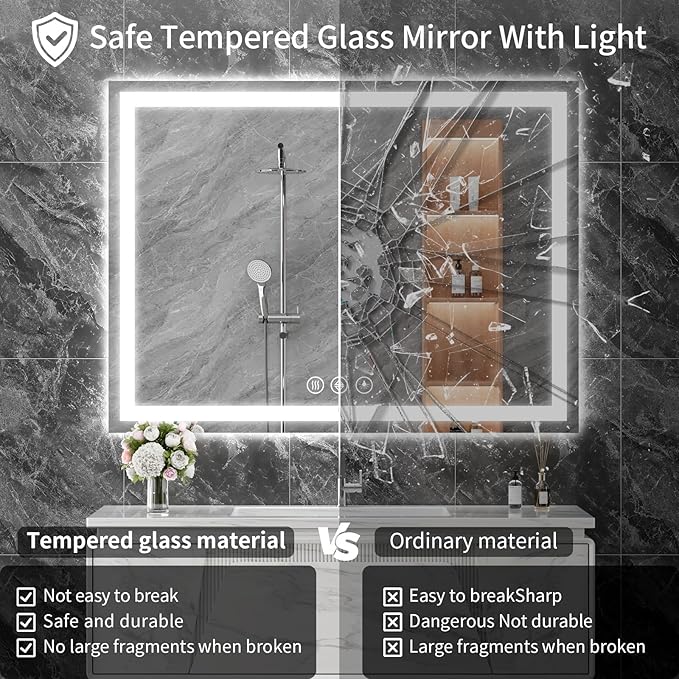 Koonmi 40x60 LED Bathroom Mirror, Backlit + Front Lit, LED Bathroom Mirror with Lights for Wall, 3 Colors, Anti-Fog, Dimmable Brightness, Memory Function, Tempered Glass