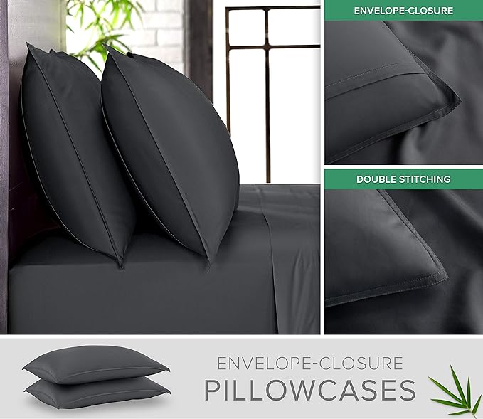 Short Queen Sheets by Pure Bamboo for RV Camper (60"x75") - Genuine 100% Organic Viscose Derived from Bamboo Bed Sheet Set, Soft & Cooling, Lifetime Quality Promise (Short Queen, Charcoal)