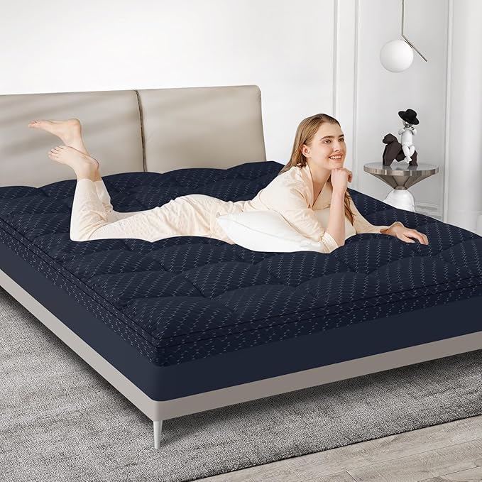 Dual Layer 3 Inch Memory Foam Mattress Topper Twin Size, 2 Inch Gel Memory Foam Plus 1 Inch Cooling Pillow Top Mattress Pad Cover, with 8-21 Inch Deep Pocket, Navy Blue