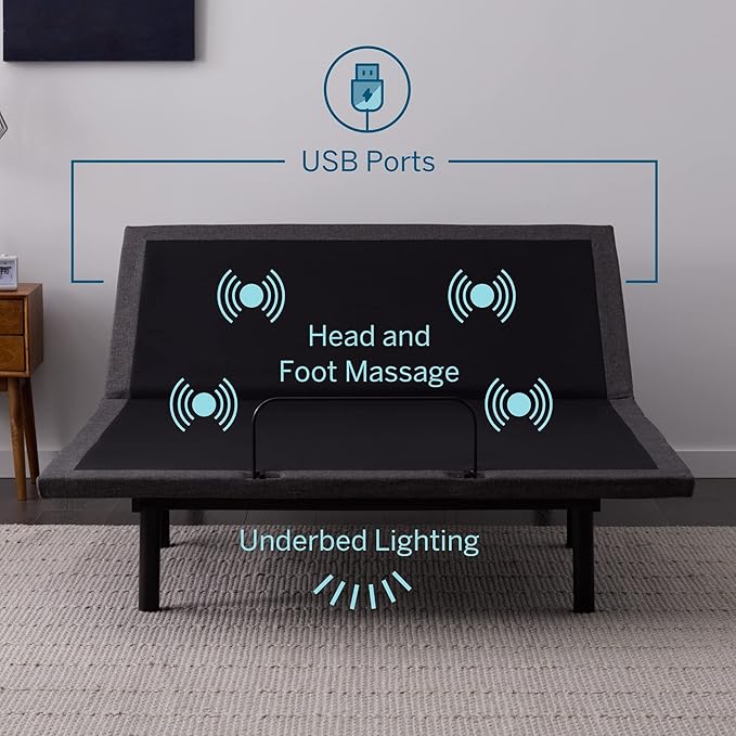 Lucid L600 Adjustable Bed Base Frame - Full Size - Zero Gravity - Bluetooth - Companion App - Head and Foot Incline - Interactive Dual Massage - Under Bed Lighting - Wireless Remote - Dual USB Ports