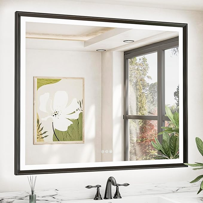 TETOTE 48x40 LED Bathroom Mirror with Lights Black Metal Frame Front & Back Light Vanity Mirror Baroque Antifog Stepless Dimmable White/Warm/Natural,CRI90+,Waterproof,Wall Mounted(Horizontal/Vertical)