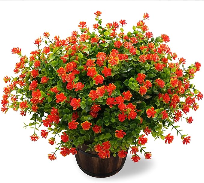 Artificial Mums Fall Flowers for Outdoors Fake Plants, 16 Bundles Faux Eucalyptus Flower Plants UV Resistant No Fade Faux Shrubs Home Garden Thanksgiving Porch Patio Autumn Decoration