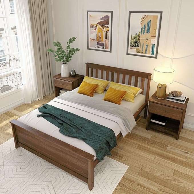 Plank+Beam Solid Wood Full Bed Frame, Platform Bed with Headboard, Walnut