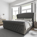 AMERLIFE California King Size Platform Bed Frame, Velvet Upholstered Sleigh Bed with Scroll Wingback Headboard & Footboard/Button Tufted/No Box Spring Required/Grey