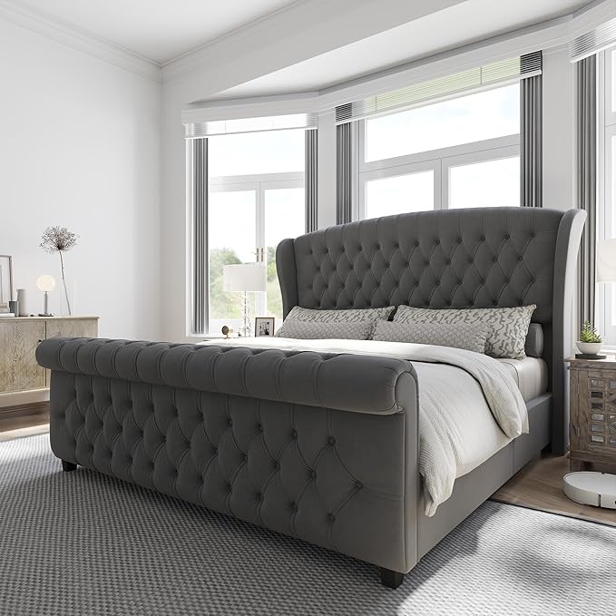 AMERLIFE California King Size Platform Bed Frame, Velvet Upholstered Sleigh Bed with Scroll Wingback Headboard & Footboard/Button Tufted/No Box Spring Required/Grey
