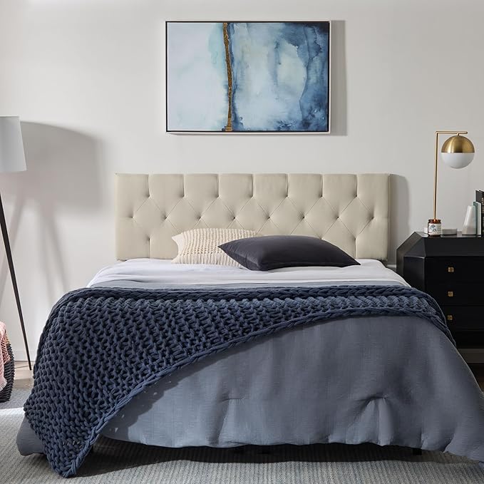 Lucid Mid-Rise Upholstered Headboard - Diamond Tufted - Padded Polyester - Adjustable Height from 34” to 46” - Easy Assembly - Bed Frame or Wall Mount - Sturdy - Pearl - Full / Full XL Size