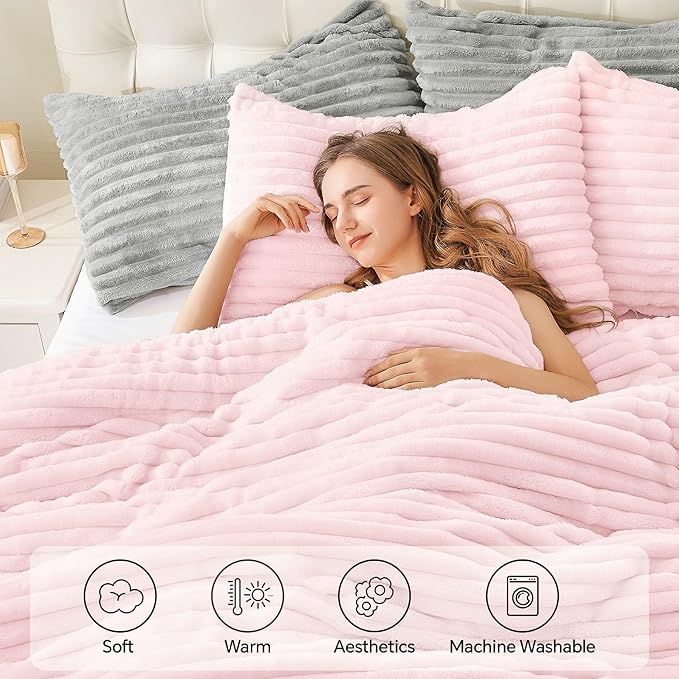 BEDELITE Fleece Queen Comforter Set -Super Soft & Warm Fluffy Cherry Blossom Bedding, Luxury Fuzzy Heavy Bed Set for Winter with 2 Pillow Cases