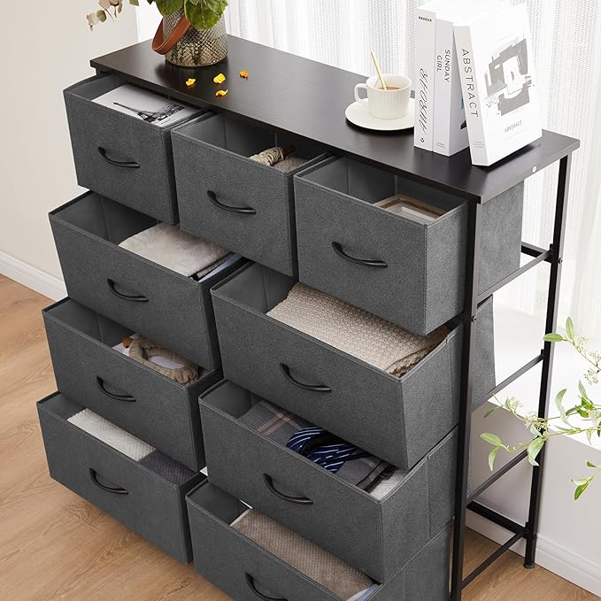 DUMOS Dresser for Bedroom, Dressers & Chests of Drawers Dresser Organizer, Wood Top Table Furniture with 9 Fabric Storage Tower Unit, Chest of Drawers for Closet, Living Room, Hallway, Porch