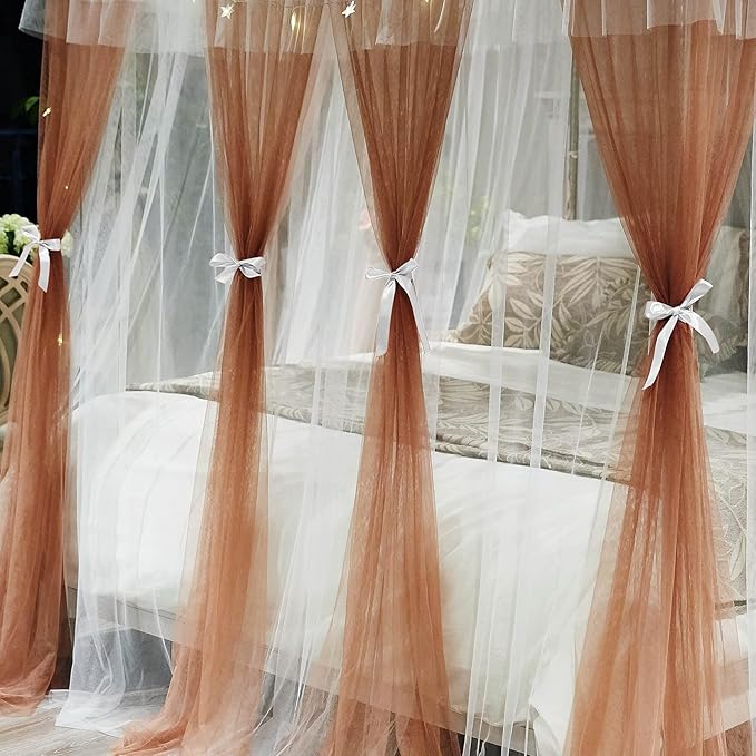 Joyreap Luxury 4 Corners Post Canopy Bed Curtains - Coral & White Cozy Drape Netting - Cute Princess Style Decoration Accessories(Reddish Brown, 59" W x 78" L, Full/Queen)