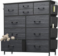 Dresser for Bedroom with 10 Drawers, Chest of Drawers with Side Pockets, Hooks, Wooden Top and Sturdy Metal Frame, Fabric Dresser Drawers for Living Room, Hallway (Black Wood Veins)