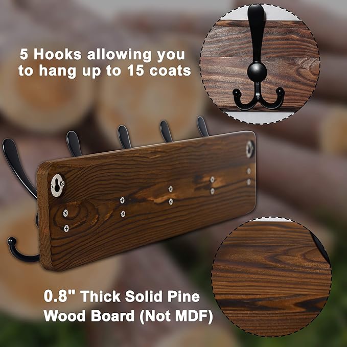 Dseap Coat Rack Wall Mount - Heavy-Duty Robust Barnwood-Style Wooden Wall Coat Hanger Hook Rail with 5 Triple Hooks for Winter Coats Hat Jacket Clothing, Weathered Brown & Black