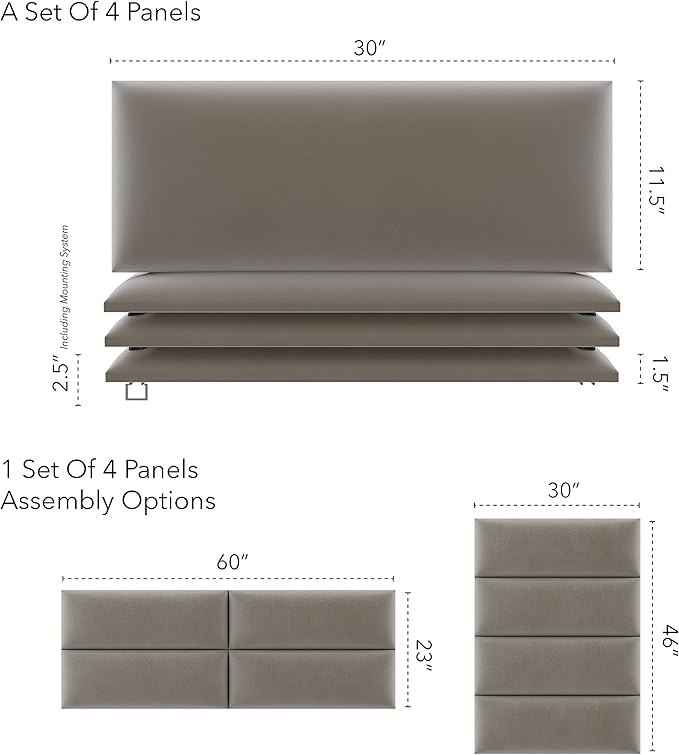 Vänt Upholstered Wall Panels - Queen/Full Size Wall Mounted Velvet Headboards - Velvet Sand Storm - Set of 4 Panels (Each Individual Panel 30"x11.5")