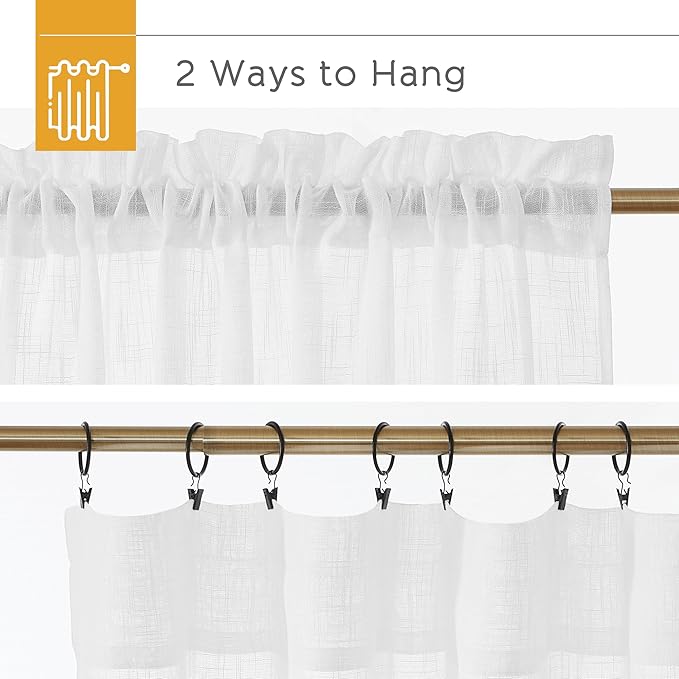 RYB HOME Solid Semi Sheer Curtains Rod Pocket Living Room/Bedroom, Linen Sheer Light Filtering Curtains 72 inches Long, White, W 52 x L 72 inch Length, 1 Pair