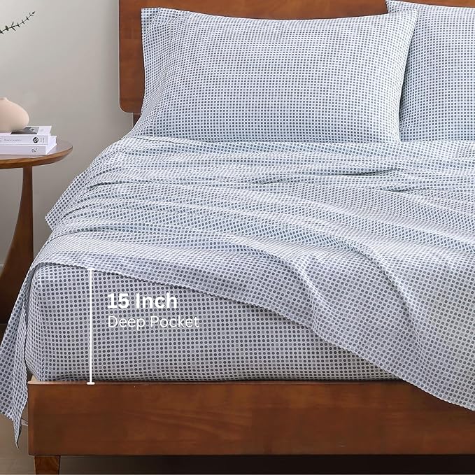 LANE LINEN Eco Friendly 100% Organic Cotton Queen Bed Sheets Set, Printed Modern Polka Dot Cotton Sheets, Soft & Comfy Low Pill Fade Resistance Fully Elasticized Queen Size Bed Set 15" deep Pockets