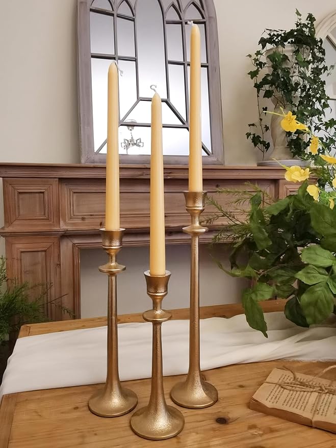 Iron Taper Candle Holder - Set of 3 Decorative Candle Stand - Candlestick Holder for Wedding, Dinning, Party - Antique Brass