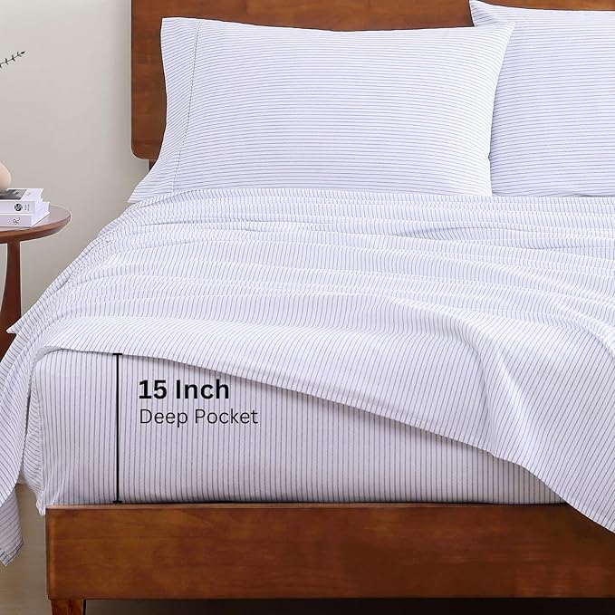 LANE LINEN 100% Organic Cotton Full Sheet Set, Low Pilling Fade Resistant Machine Washable Naturally Cooling Full Bed Sheets, Soft & Comfy Printed Cotton Bedding- Blue Ticking Stripe