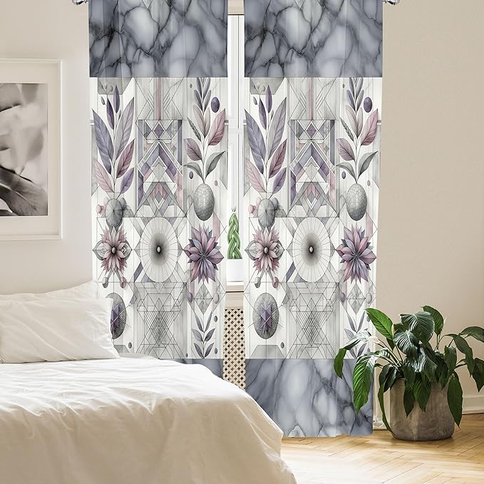Ambesonne Geometric Floral Window Curtains, Classic Marble Print Ornate Leafy Flowers and Futurist Stripes, Lightweight Decor 2-Panel Set with Rod Pocket, Pair of - 28" x 95", Ceil Blue Laurel Green