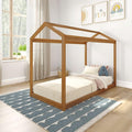 Max & Lily Twin Floor House Bed, Modern Solid Wood Low Bed Frame for Kids, Montessori Floor Bed for Bedroom, Playroom, Wooden Slats, Pecan